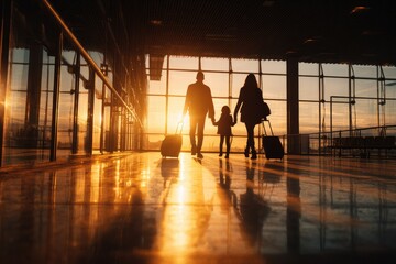 Silhouette of family at sunset airport