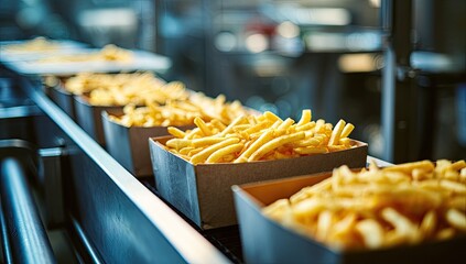 Golden French fries on a conveyor belt in a food processing facility