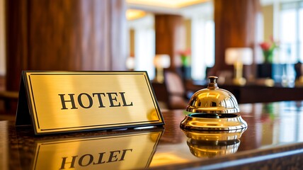 Title: Hotel reception desk with golden service bell and reservation sign for hospitality and travel concept 
