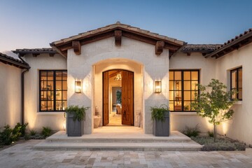 Elegant home entryway at twilight