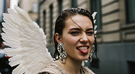 Girl with angel wings and sculpted earrings poses with her tongue out and winking in an urban setting.
