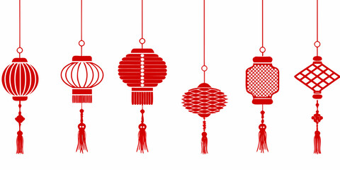 Collection of traditional red chinese lanterns hanging against a white background