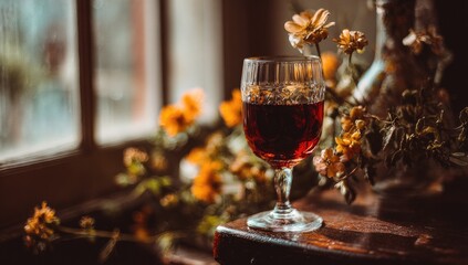 Wine glass with flowers near a window