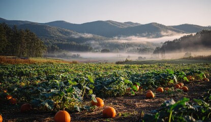 Misty mountain pumpkin patch at dawn