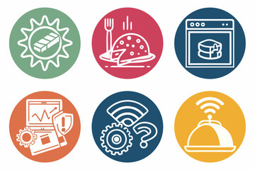 Vector art of collection of six round icons representing various technology concepts