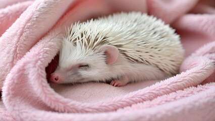 white hedgehog curled on pink blanket