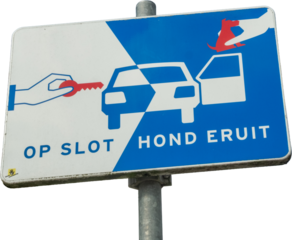 Road sign showing locking car and taking dog out in dutch language