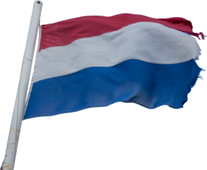 Dutch flag waving in the wind with blue sky and some clouds