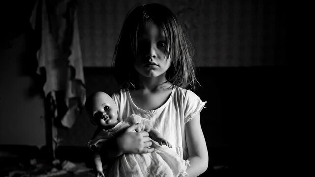 Spooky Child with Doll in Abandoned Room - A black and white video of a young girl with a serious expression holding a doll in a dilapidated room.