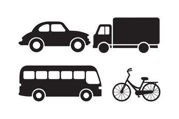 Silhouette collection of diverse vehicles including car bus truck and bicycle