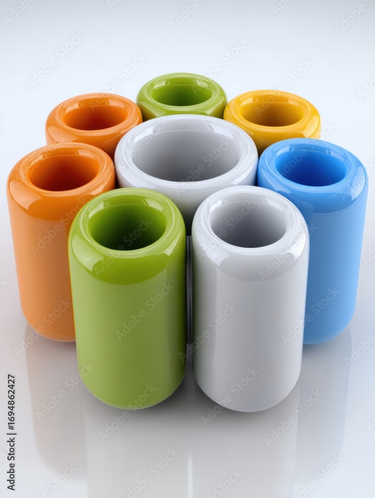 Poster colorful ceramic vases arranged creatively on a reflective surface with a bright background in a mod