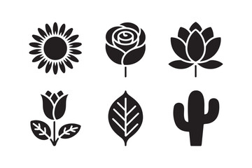 Collection of six stylized black and white floral and plant silhouettes