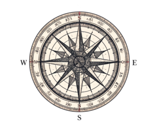Circular Engraved-Style Compass Rose Illustration with Decorative Borders, Isolated