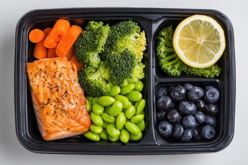 Healthy meal prep container with salmon, vegetables, and fruit (1)