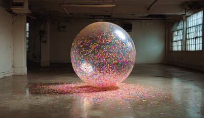 Large, colorful confetti-filled sphere in a spacious, industrial interior