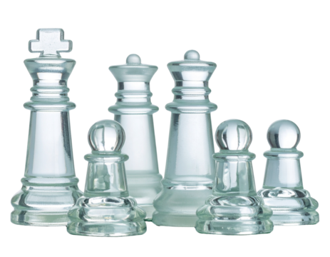 Classic Glass Chess Pieces in Starting Position, Front View, Isolated on Transparent Background