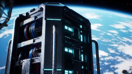 A High-Tech Storage Unit in Orbit: Exploring an Advanced Spacecraft Component Against the Background of Earth from a Striking Perspective - Powered by Adobe