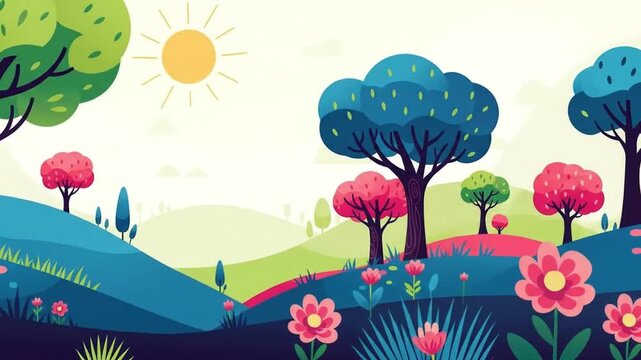 A vibrant and colorful stylized landscape illustration featuring rolling hills, diverse trees, and blooming flowers under a bright sunny sky.