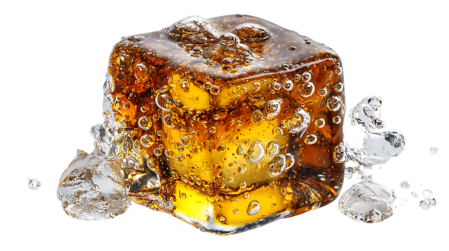 Ice cube with cola and bubbles isolated on transparent background.