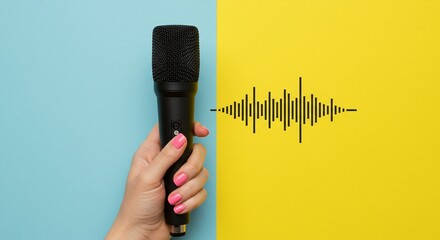 A hand holds a black microphone on a divided blue and yellow background, with a graphic wave form illustrating sound.