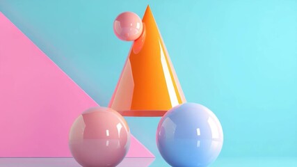 A colorful illustration of two balls and a cone on a blue and pink background, great for party or celebration themes