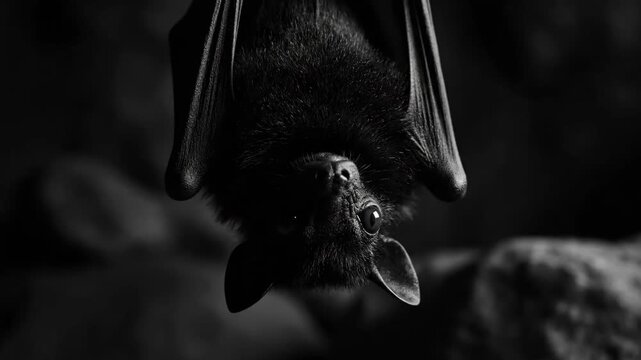Monochrome Vampire Bat Hanging Upside Down - A close-up black and white video of a vampire bat hanging upside down. The bat's fur and features are sharply in focus against a dark, blurred background.