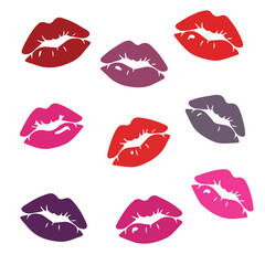 Set of red, pink and purple lipstick kiss marks, vector illustration isolated on white or transparent background.