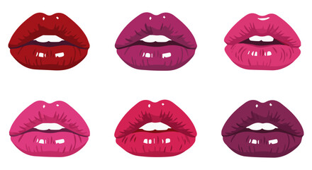 Set of glossy 3D lips with lipstick, vector illustration of realistic mouth expressions isolated on white or transparent background.