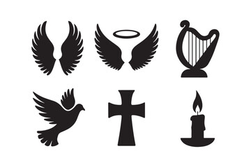 Collection of religious and angelic symbols in black silhouette
