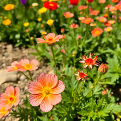 Blooming botanical, bloom, flora, decorative, park, primrose, spring, outdo with salmon red inflorescences in the garden on a sunny summer day. plants for rockeries and rock gardens. Flower background