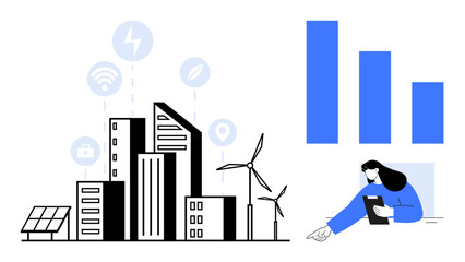 Fototapeta premium Urban skyline with renewable energy icons, solar panels, and wind turbines paired with a figure analyzing bar graph data. Ideal for technology, sustainability, business, innovation, urban planning
