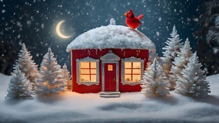 Naklejka premium Cozy Miniature Red House in a Snowy Winter Night Forest