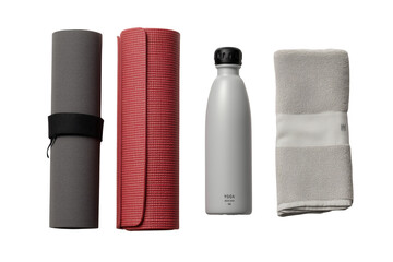 Rolled yoga mats water bottle and folded towel exercise fitness isolated on a transparent background