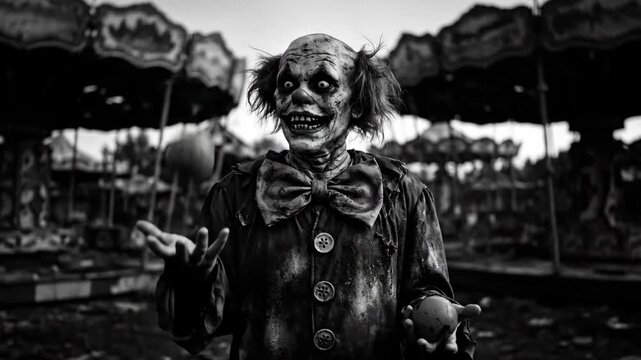 Zombie Clown Juggling at Abandoned Carnival - A terrifying black and white video of a zombie clown juggling balls in front of a dilapidated carousel.