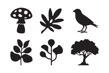 Collection of black silhouettes of nature elements and a bird