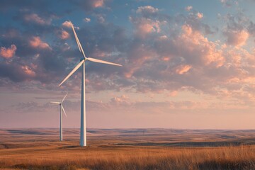 Wind turbines in a golden field at sunset