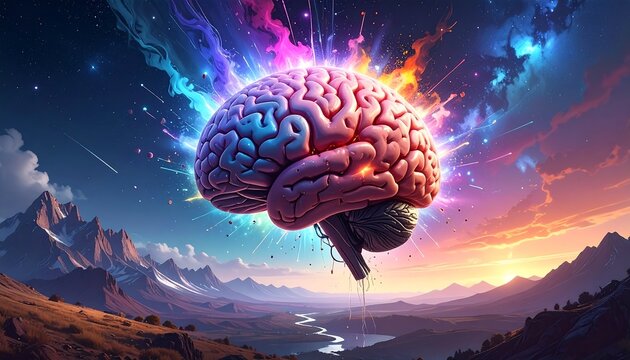 Brain exploding over landscape