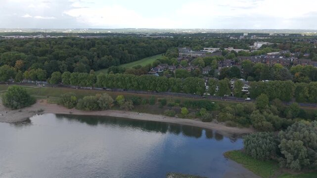 River of Rhein as a fly over with a drone from top during autumn season