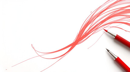 Abstract red lines swirling on white paper, with a red pen