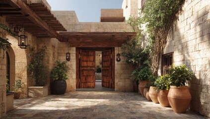Obraz premium Courtyard with wooden doors and stone walls