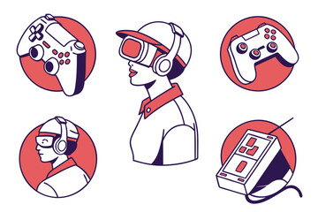 Vector art of woman wearing vr headset with controllers and devices