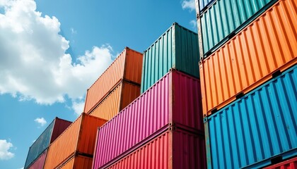 Brightly colored cargo containers stacked high against clear blue sky with scattered clouds. Vibrant red, orange, teal, pink metal boxes represent global shipping, logistics, international trade.