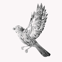  black line drawing of canary bird in flight with lines to write on, on white background