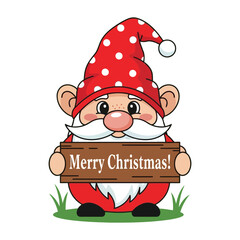 Christmas Gnome Illustration with Red Outfit, Polka-Dot Hat, Beard, and “Merry Christmas” Sign – Whimsical Holiday Graphic for Cards, Prints, and Decor