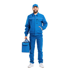 Smiling man in blue uniform holding a blue bag isolated on a transparent background male happy