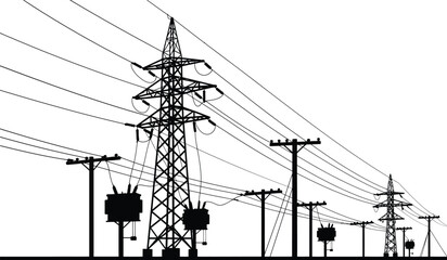 Silhouette of industrial power line transmission towers and poles against a bright sky for energy distribution white background