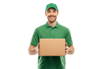 Smiling man in green uniform holding a cardboard package isolated on a transparent background male happy