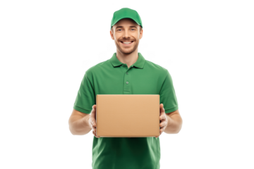 Smiling man in green uniform holding a cardboard package isolated on a transparent background male happy