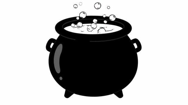 Cartoon Cauldron Bubbling - A black and white cartoon cauldron is shown full-frame against a white background, with bubbles rising to the surface, suggesting a potion or liquid is boiling inside.