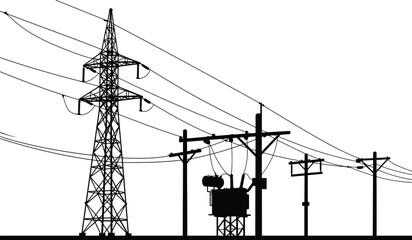 High-voltage electrical power transmission towers and distribution lines with transformer silhouetted against a bright sky white background